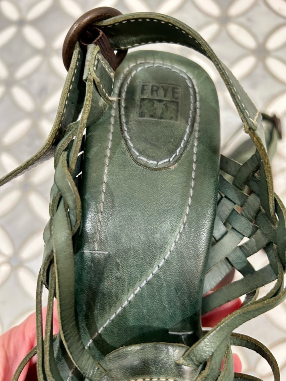 Frye Joy Huarache Platform Sandals Olive Green Leather Wood Heels Boho 9.5 - Picture 8 of 13
